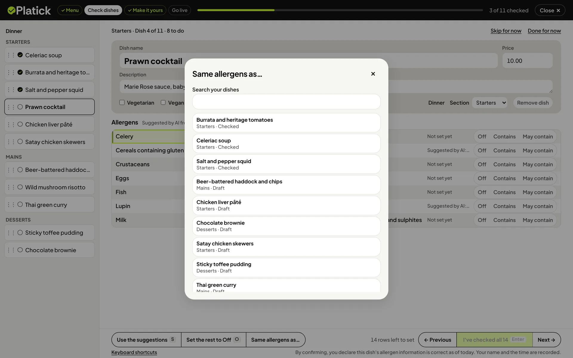 The Same allergens as list open over the dish-checking screen, with the menu's dishes to copy from, checked dishes first